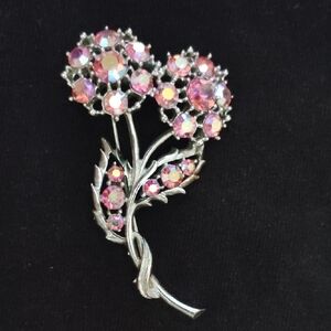 Over 2" Pink Borealis Rhinestone Flower Pin